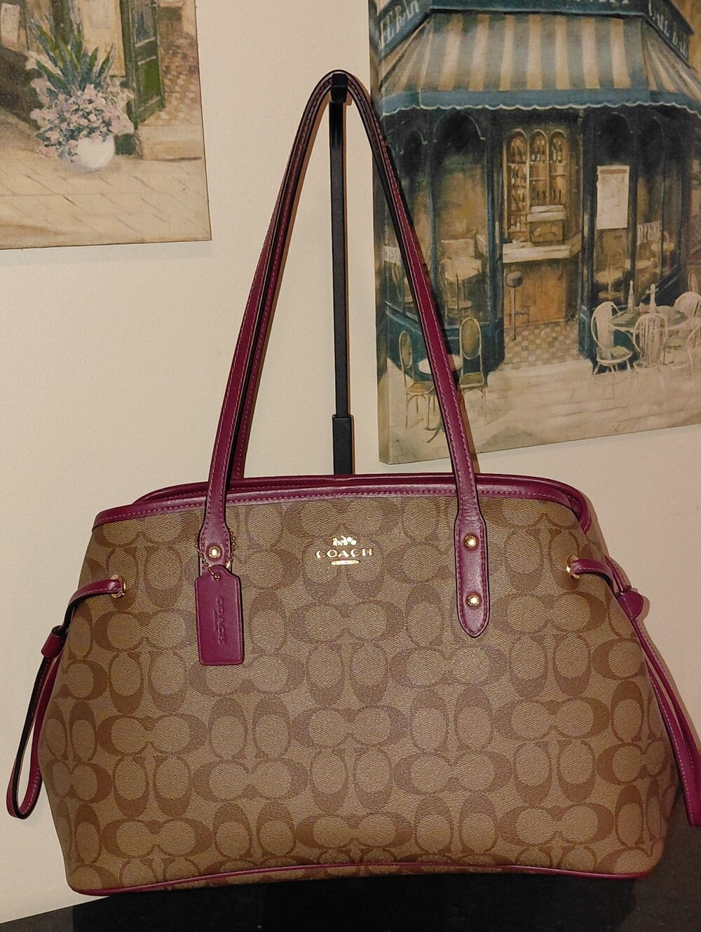 Coach Signature Pvc Drawstring Carryall Tote in Brown with Berry Trim 57842 VGC!